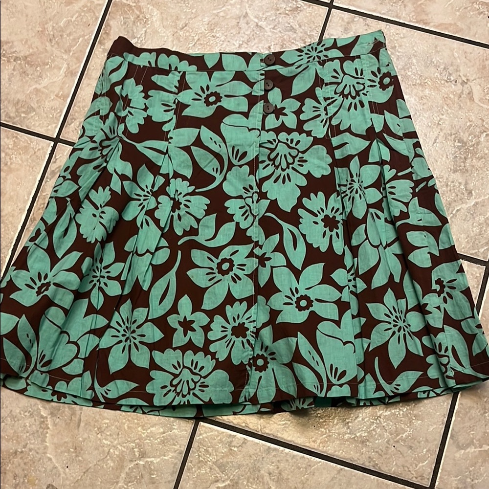 AMARI Turquoise/Brown Floral Pleated Skirt M NWOT